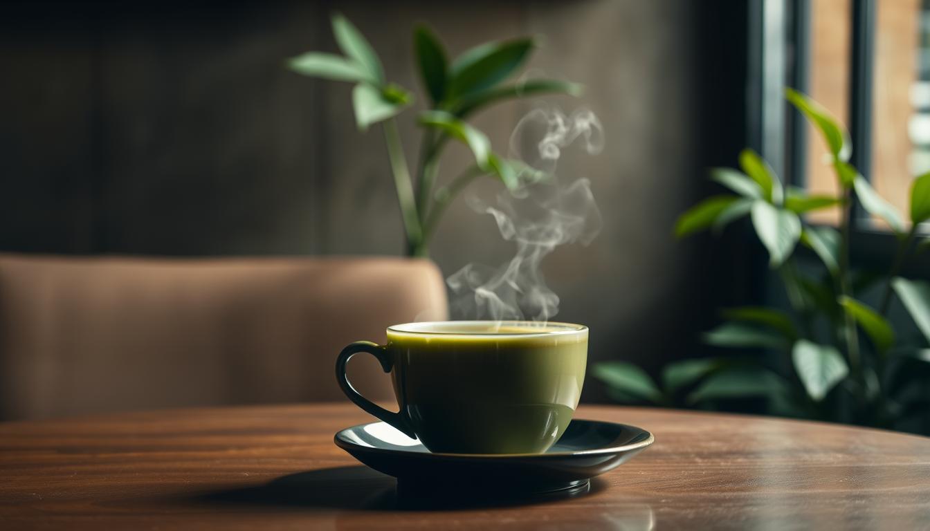 A serene, dimly lit café setting with a steaming cup of traditional Indonesian green tea, or "teh hijau", placed prominently on a wooden table. The cup emits wisps of fragrant steam, casting a warm, soothing glow on the surrounding scene. The background features muted, earthy tones, with lush, verdant foliage peeking in from the edges, creating a calming, natural ambiance. The lighting is soft and diffused, accentuating the tranquil atmosphere. The overall composition evokes a sense of mindfulness, balance, and the restorative properties of this anti-inflammatory beverage.