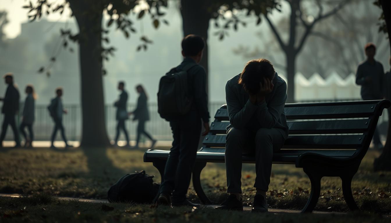A distraught teenager sits hunched on a park bench, head in hands, as a worried parent stands nearby, offering a comforting embrace. The scene is bathed in a somber, muted light, casting long shadows that mirror the psychological weight of the situation. In the background, blurred silhouettes of other concerned parents and students suggest a larger societal impact. The image conveys the emotional turmoil and sense of uncertainty faced by those affected by the challenges of the school selection process, capturing the human toll of the "kisruh SPMB" in a thought-provoking and visually compelling manner.