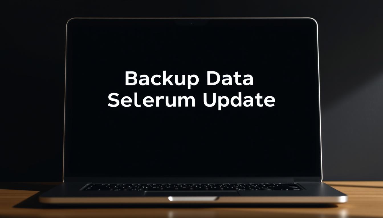 A close-up view of a laptop screen displaying the words "Backup Data Sebelum Update" against a dark, minimalist background. The laptop is positioned at a slight angle, casting subtle shadows and creating a sense of depth. The screen's brightness is balanced, illuminating the text without overwhelming the scene. The overall mood is one of caution and preparation, reflecting the need to safeguard data before a software update. The composition is clean and uncluttered, placing the focus squarely on the crucial message.