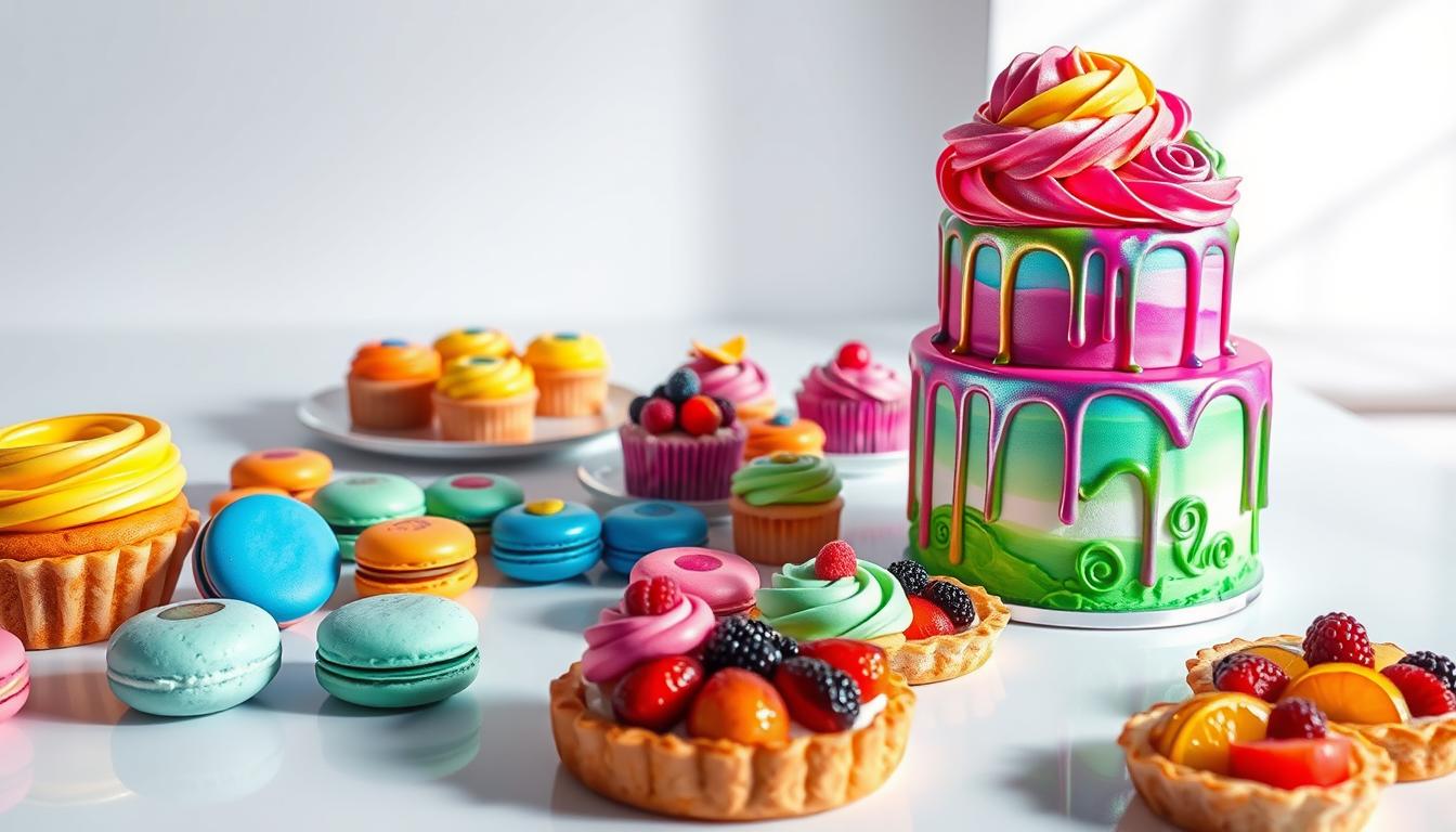 A colorful array of whimsical desserts, artfully arranged on a sleek, modern table. In the foreground, a towering layer cake adorned with vibrant swirls of frosting, dripping with an iridescent glaze. Surrounding it, an assortment of petite macarons in a rainbow of hues, their delicate shells reflecting the soft, natural lighting. In the middle ground, a display of glistening fruit tarts, their pastry crusts flaky and golden, topped with a kaleidoscope of berries and citrus slices. In the background, a minimalist backdrop of clean, white surfaces, allowing the desserts to take center stage and showcase their striking visual appeal. The overall scene exudes a sense of elegance, creativity, and a celebration of the artistry and innovation in the world of colorful, contemporary desserts.