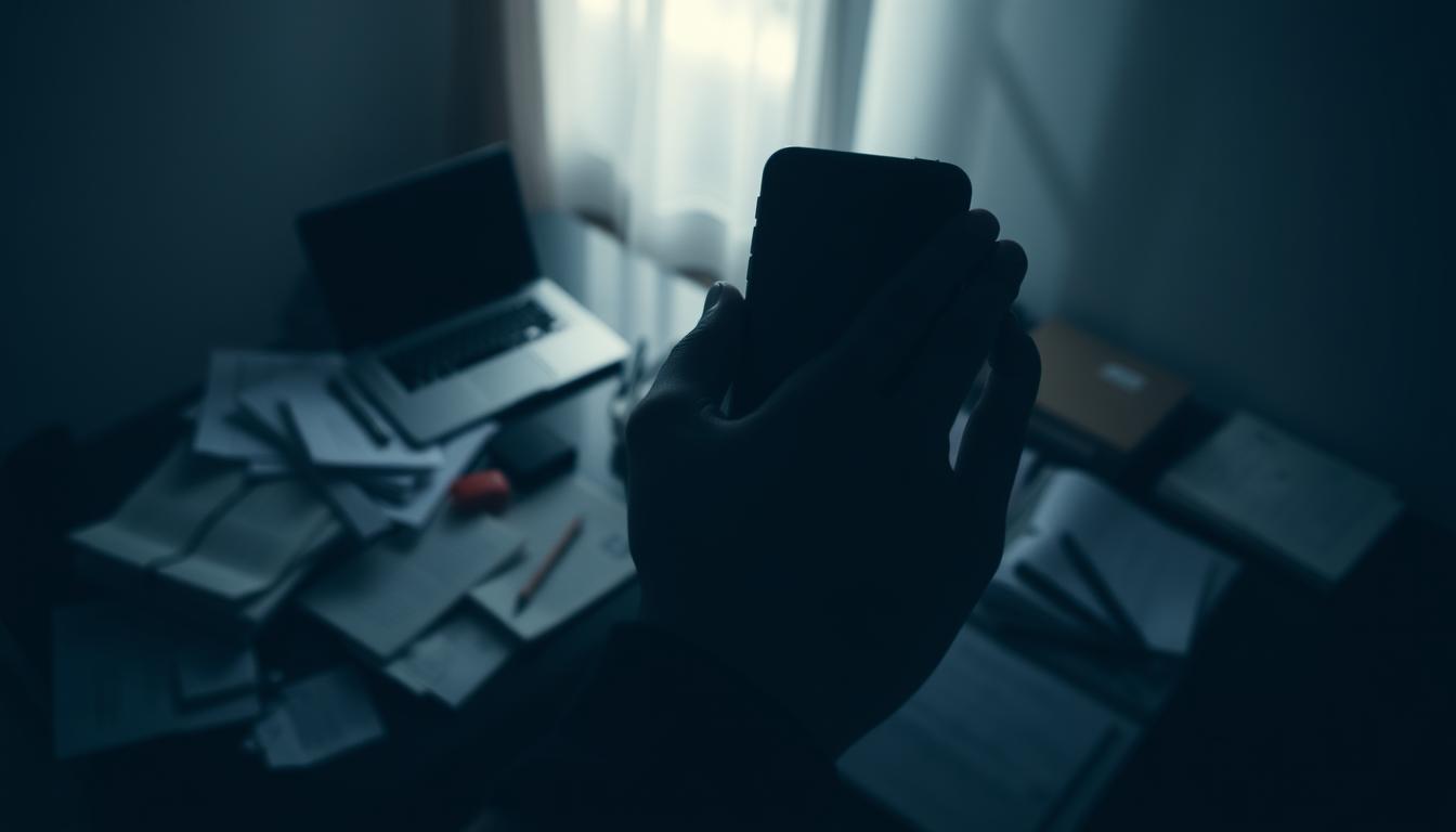 A dimly lit room, shadows cast across a cluttered desk. Scattered documents, open laptop, and a smartphone screen aglow, conveying the sense of sensitive information vulnerability. In the foreground, a hand hovers uncertainly over the device, alluding to the risks of oversharing personal data online. The scene is captured through a shallow depth of field, emphasizing the tension and unease of the moment. Muted tones and a somber atmosphere suggest the gravity of the security implications arising from excessive digital self-disclosure.
