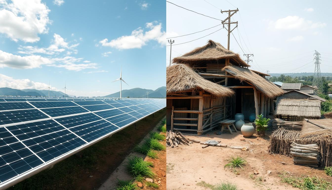 Kontras antara teknologi energi terbarukan canggih di negara maju dan keterbatasan akses di negara berkembang