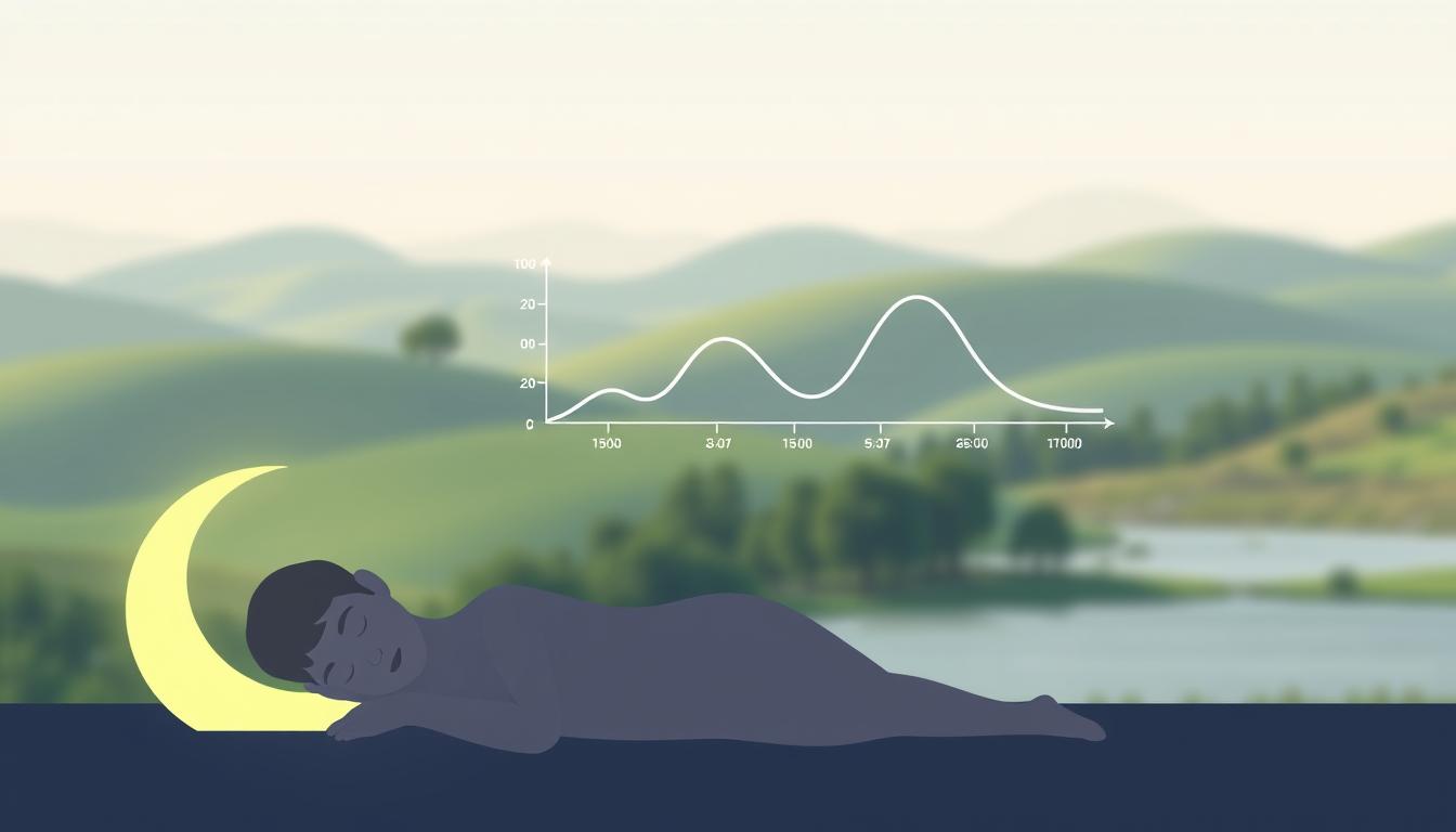 A serene, minimalist illustration depicting the circadian rhythm and its impact on health. In the foreground, a glowing crescent moon casts a soft, natural light over a peaceful, sleeping figure resting peacefully. In the middle ground, a stylized graph shows the ebb and flow of the body's natural cycles, with peaks and valleys representing the ideal times for activities like eating, sleeping, and exercising. The background features a softly blurred, natural landscape - rolling hills, swaying trees, and a tranquil lake, conveying a sense of harmony and balance. The overall mood is one of tranquility, mindfulness, and the importance of aligning our daily habits with our body's innate rhythms for optimal health and wellbeing.