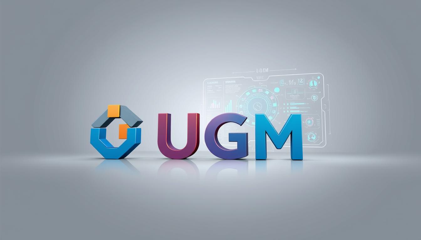 A high-quality, professional-looking illustration of &quot;UGM AI TBC&quot; against a clean, minimalist backdrop. The foreground features a detailed rendering of the UGM logo, with its distinctive stylized letters and geometric shapes rendered in a bold, modern color palette. The middle ground showcases a sleek, futuristic-looking AI interface with various data visualizations and iconography, conveying the advanced technological capabilities of the system. The background is a soft, neutral gradient that allows the key visual elements to take center stage. The overall composition is well-balanced, with thoughtful use of lighting and perspective to create a sense of depth and professionalism. The mood is one of innovation, efficiency, and technological prowess.