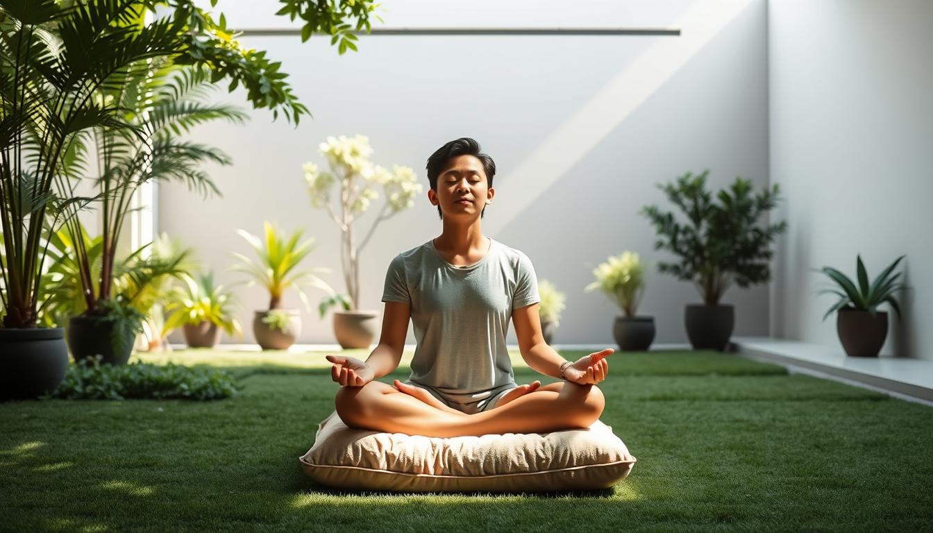 A serene meditation scene in a tranquil garden. In the foreground, a person sits cross-legged on a plush cushion, eyes closed in deep contemplation. Soft, natural lighting filters through the lush greenery of potted plants and trees in the middle ground. The background features a minimalist, zen-inspired space with clean lines and muted tones, creating a calming atmosphere. The overall mood is one of inner peace, focus, and mindfulness, perfectly capturing the essence of the "Kebiasaan Pertama: Meditasi atau Fokus Sebentar" section.