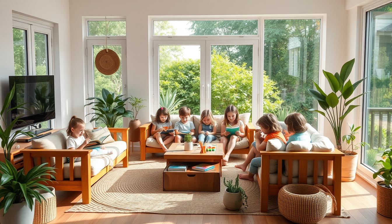 A peaceful, screen-free living room in a minimalist, nature-inspired style. The room is bathed in soft, natural lighting from large windows overlooking a lush, verdant garden. Wooden furniture, woven rugs, and potted plants create a serene, tech-free ambiance. A group of children are happily engaged in various analog activities - reading books, playing board games, and drawing with art supplies. The room exudes a sense of tranquility and mindfulness, encouraging a digital detox and bonding through traditional play.