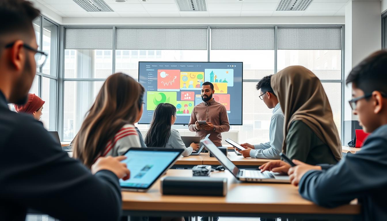 A modern digital classroom with a group of diverse students and a teacher using interactive digital learning tools. The foreground shows students sitting at desks, deeply engaged with tablets and laptops. The middle ground features the teacher standing at the front, using a large interactive display to present dynamic educational content. The background depicts a well-lit, airy room with large windows, promoting a sense of openness and technological integration. The lighting is soft and balanced, capturing the collaborative and innovative atmosphere of a state-of-the-art Islamic school embracing digital education.