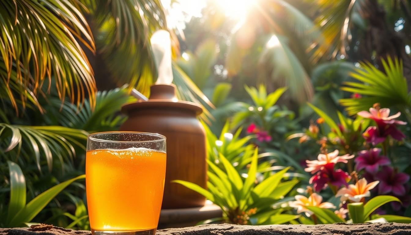 A lush, tropical scene of Kombucha brewing in the heart of Indonesia. A traditional wooden fermenting vessel sits amidst a vibrant backdrop of lush greenery, palm fronds, and colorful flowers. Warm, golden sunlight filters through the canopy, casting a soft, hazy glow over the scene. In the foreground, a delicate glass of the fermented tea sparkles, its amber hue reflecting the rich, earthy tones of the environment. The atmosphere exudes a sense of traditional, artisanal craft, where ancient practices seamlessly blend with the natural beauty of the Indonesian landscape.