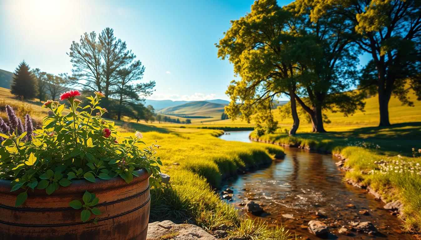 A serene, sun-dappled scene of a thriving, sustainable environment. In the foreground, lush green foliage and vibrant flowers spill from a weathered earthen planter, symbolizing the nourishment of the land. The middle ground features a meandering stream, its crystal-clear waters reflecting the azure sky above. Towering, verdant trees line the banks, their branches swaying gently in a soft breeze. In the distance, rolling hills dotted with verdant meadows stretch towards the horizon, evoking a sense of harmony and balance between nature and human stewardship. Warm, golden lighting imbues the scene with a peaceful, hopeful atmosphere, capturing the essence of environmental sustainability.