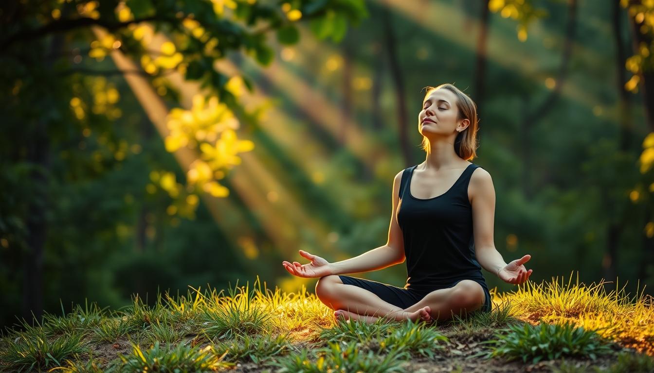 A serene outdoor scene, with a person sitting cross-legged on a grassy knoll, eyes closed in deep meditation. The background is a lush, verdant forest, with beams of warm, golden sunlight filtering through the canopy, casting a peaceful glow. The meditator's pose is relaxed yet focused, their face exuding a sense of tranquility and inner calm. The composition is balanced, with the meditator situated in the foreground, surrounded by the natural beauty of the landscape. The overall mood is one of contemplation, reflection, and the importance of mindfulness in daily life.