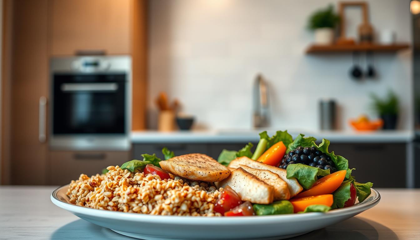 A nourishing meal of a balanced plate, featuring whole grains, lean protein, and vibrant vegetables, set against a backdrop of a modern, minimalist kitchen. Soft, diffused lighting casts a warm, inviting glow, capturing the ideal pre-workout refueling moment. The composition emphasizes the harmony between a healthy diet and an active lifestyle, conveying a sense of wellness and vitality. The image should inspire the viewer to consider the optimal timing of their meals in relation to their exercise routine, promoting a holistic approach to nutrition and fitness.