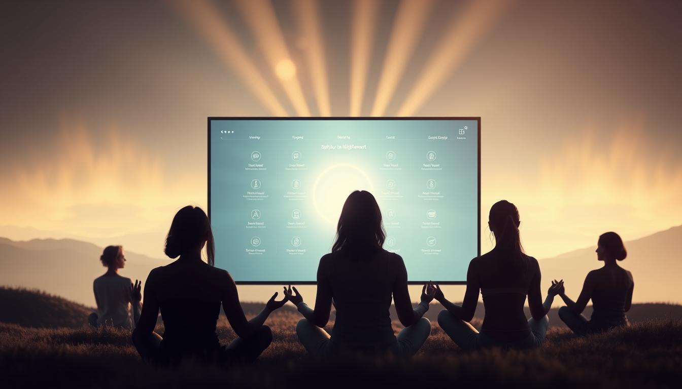 A tranquil online community of individuals seeking spiritual enlightenment, gathered around a glowing central screen. In the foreground, a group of meditating figures in serene poses, their faces radiating a sense of inner peace. The middle ground features a serene, minimalist layout with subtle icons and interfaces, inviting further exploration. In the background, a softly lit, ethereal landscape evokes a sense of the transcendent, with wisps of light and mist guiding the viewer's gaze. The overall atmosphere is one of contemplation, connection, and the pursuit of higher wisdom.