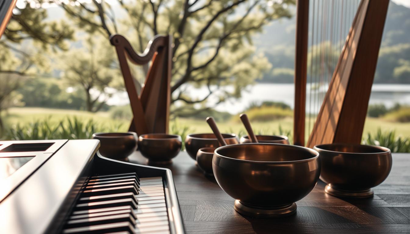 A serene, minimalist scene of various musical instruments in a softly-lit, natural setting. In the foreground, a grand piano, its keys shimmering with a soothing, therapeutic glow. Alongside it, a wooden harp, its strings delicately plucked by unseen hands. In the middle ground, a collection of Tibetan singing bowls, their resonant tones filling the air with a sense of calming vibration. In the background, a lush, verdant landscape, with swaying trees and a tranquil body of water, creating a peaceful, meditative atmosphere. The overall scene conveys a sense of harmony, balance, and the therapeutic power of music to soothe the mind and body.