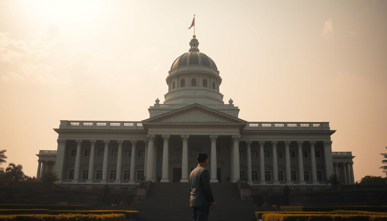 A grand and imposing building, the Indonesian Parliament House, stands tall against a hazy, sun-dappled sky. Its elegant columns and majestic dome exude a sense of power and tradition. In the foreground, a lone figure, the President, appears deep in contemplation, the weight of their constitutional authority palpable. The scene evokes a sense of gravitas and the delicate balance of executive and legislative powers, as envisioned in Article 14 of the 1945 Constitution. Soft, diffused lighting casts a warm, almost reverential glow, heightening the sense of historical significance. This image aims to capture the essence of the future of this pivotal constitutional provision, a touchstone of Indonesian democracy.
