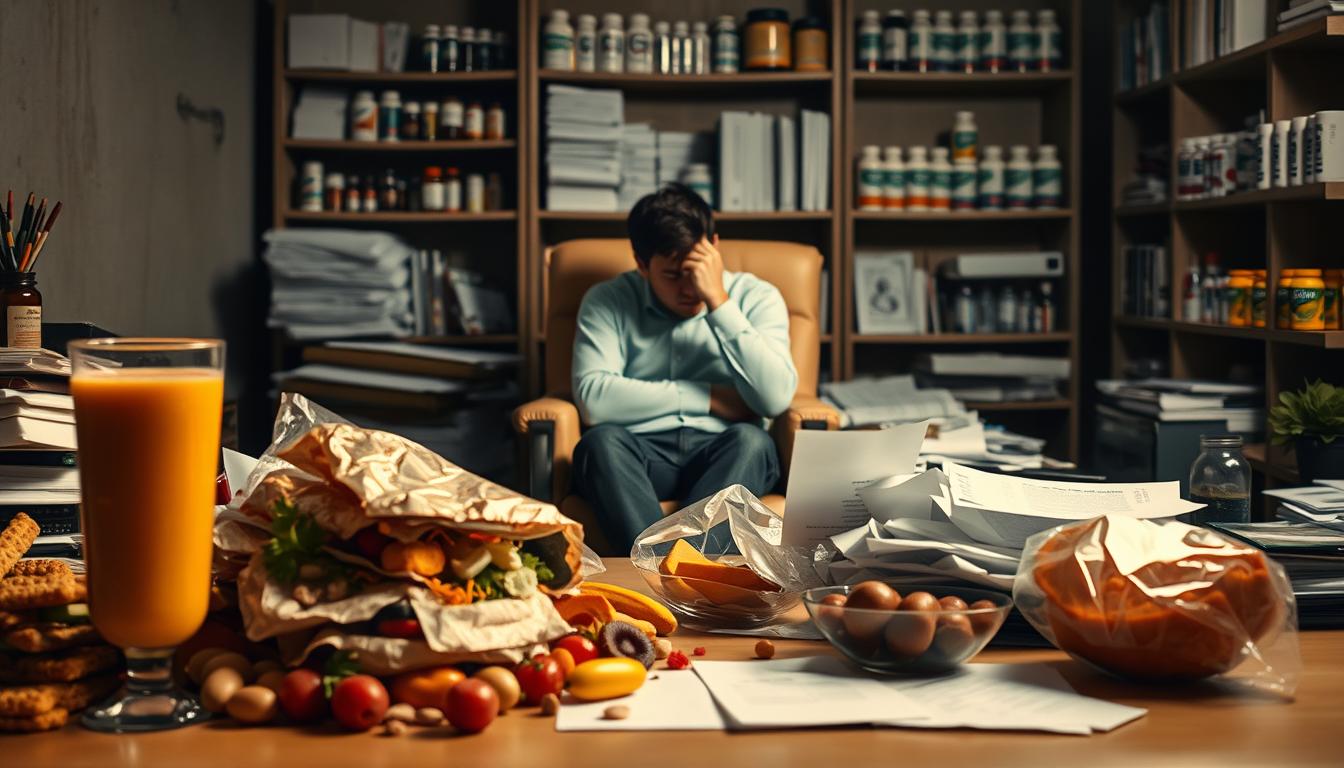 A dimly lit, realistic medical scene depicting the common mistakes people make when trying to lower their cholesterol levels. In the foreground, a pile of unhealthy snacks and junk food sit on a cluttered desk, contrasting with a glass of fresh fruit smoothie. In the middle ground, a person sits slumped in a chair, stressed and worried, surrounded by scattered documents and medical reports. The background shows shelves filled with various supplements and medications, casting an unsettling, clinical atmosphere. Soft, warm lighting illuminates the scene, creating a sense of introspection and the need for a healthier approach to cholesterol management.
