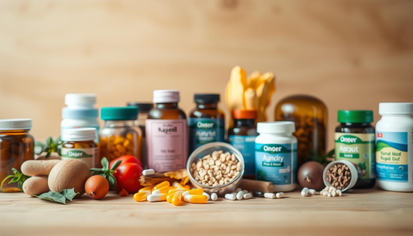 A close-up view of an assortment of dietary supplements, vitamins, and natural ingredients arranged on a clean, minimalist wooden surface. The items are well-lit, showcasing their vibrant colors and textures. In the background, a soft, blurred gradient in earthy tones, conveying a sense of balance and wellness. The overall composition exudes a calming, natural atmosphere, reflecting the theme of "Suplementasi yang Dapat Membantu Mengontrol Diabetes".