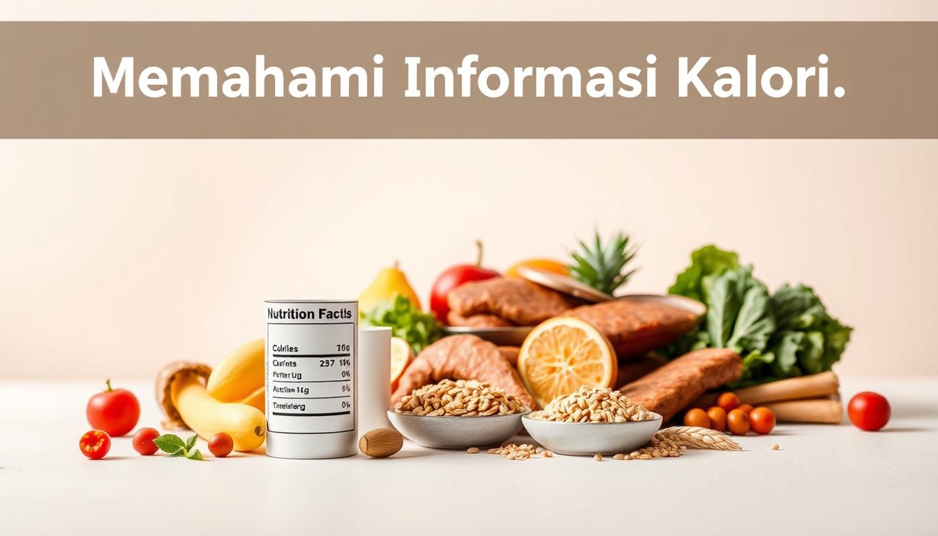 A visually striking image of "Memahami Informasi Kalori" against a clean, minimalistic background. In the foreground, a stylized nutrition label displays the calorie count prominently, conveyed through a sleek, modern design aesthetic. The middle ground features various healthy food items - fresh produce, lean protein, and whole grains - arranged in a balanced, appetizing composition. The background is a soft, muted gradient, creating a sense of depth and emphasis on the central elements. Warm, natural lighting illuminates the scene, evoking a sense of wellness and nutrition. The overall impression is one of clarity, simplicity, and an informative yet visually appealing presentation of calorie information.