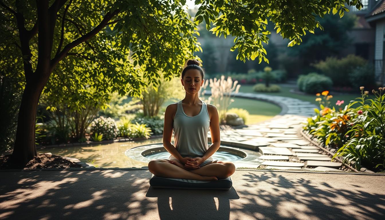 A serene meditation scene set in a tranquil garden. In the foreground, a person sits cross-legged on a simple meditation cushion, their eyes closed in deep concentration. Dappled sunlight filters through the lush foliage of a nearby tree, casting a warm, soothing glow on the peaceful figure. In the middle ground, a small ornamental pond reflects the natural surroundings, its calming ripples complementing the meditative atmosphere. The background features a stone pathway winding through a verdant garden, with vibrant flowers and plants lining the edges, creating a sense of harmony and balance. The overall mood is one of serenity, inviting the viewer to experience the simple yet powerful techniques of mindful meditation.