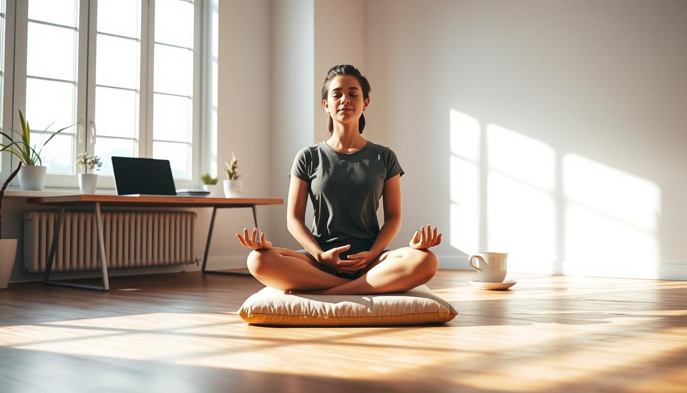 A serene, minimalist scene capturing the essence of "mengelola stres". In the foreground, a person sits cross-legged on a meditation cushion, eyes closed, hands resting gently on their lap, exuding a sense of calm and focus. Soft, diffused natural lighting filters in through large windows, casting a warm glow on the scene. The middle ground features a simple, uncluttered workspace with a laptop, some plants, and a mug of tea, suggesting a balanced approach to work and relaxation. The background depicts a tranquil, nature-inspired setting, perhaps with rolling hills or a distant forest, hinting at the restorative power of connecting with the natural world. The overall mood is one of serenity, mindfulness, and the effective management of stress.