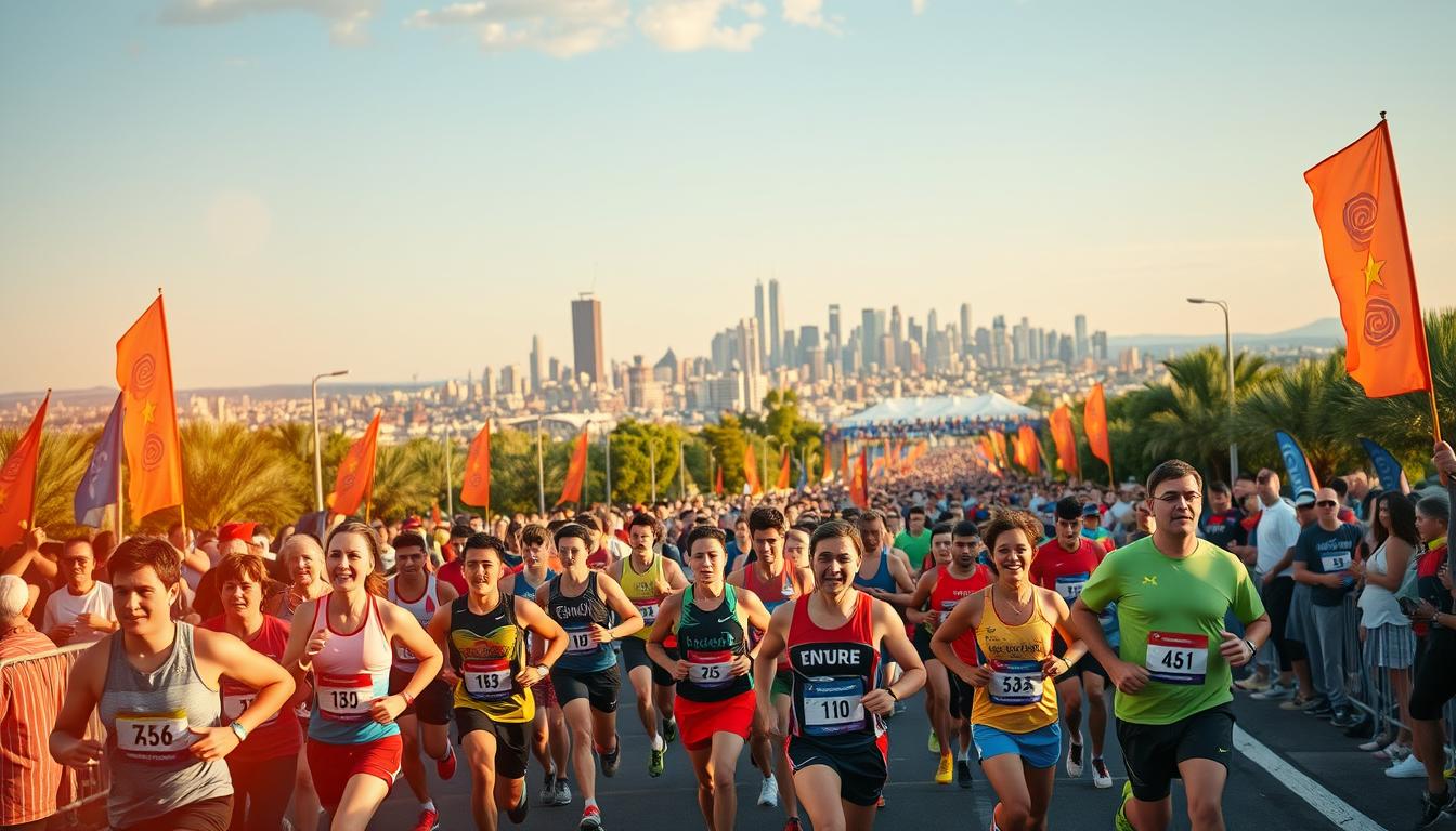 A vibrant 5K running event set against the backdrop of a picturesque city landscape. In the foreground, a diverse group of runners in colorful athletic gear surge forward, their determined expressions captured mid-stride by a sharp, wide-angle lens. The middle ground features a bustling scene of spectators lining the streets, waving flags and cheering enthusiastically. In the distance, the cityscape rises, framed by a warm, golden hour glow that bathes the entire scene in a celebratory, energetic atmosphere. Lens flares and a shallow depth of field add a sense of dynamism and professional event photography.