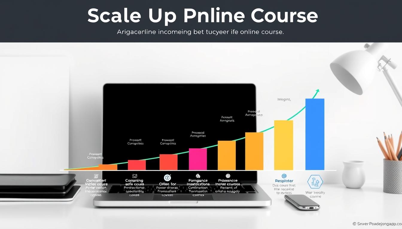 A pristine, modern infographic displaying a vibrant income scale for online courses. The foreground features a sleek line graph with various colored bars representing different tiers of earnings, from a modest base to a substantial peak. The middle ground showcases professional icons and illustrations conveying the diverse skills and expertise associated with successful online course creation. The background depicts a minimalist workspace, with a laptop, desk accessories, and a neutral color palette that creates a sense of organization and productivity. The overall composition radiates a tone of growth, opportunity, and financial empowerment, perfectly suited to illustrate the "Scale Up Penghasilan" section of the article.