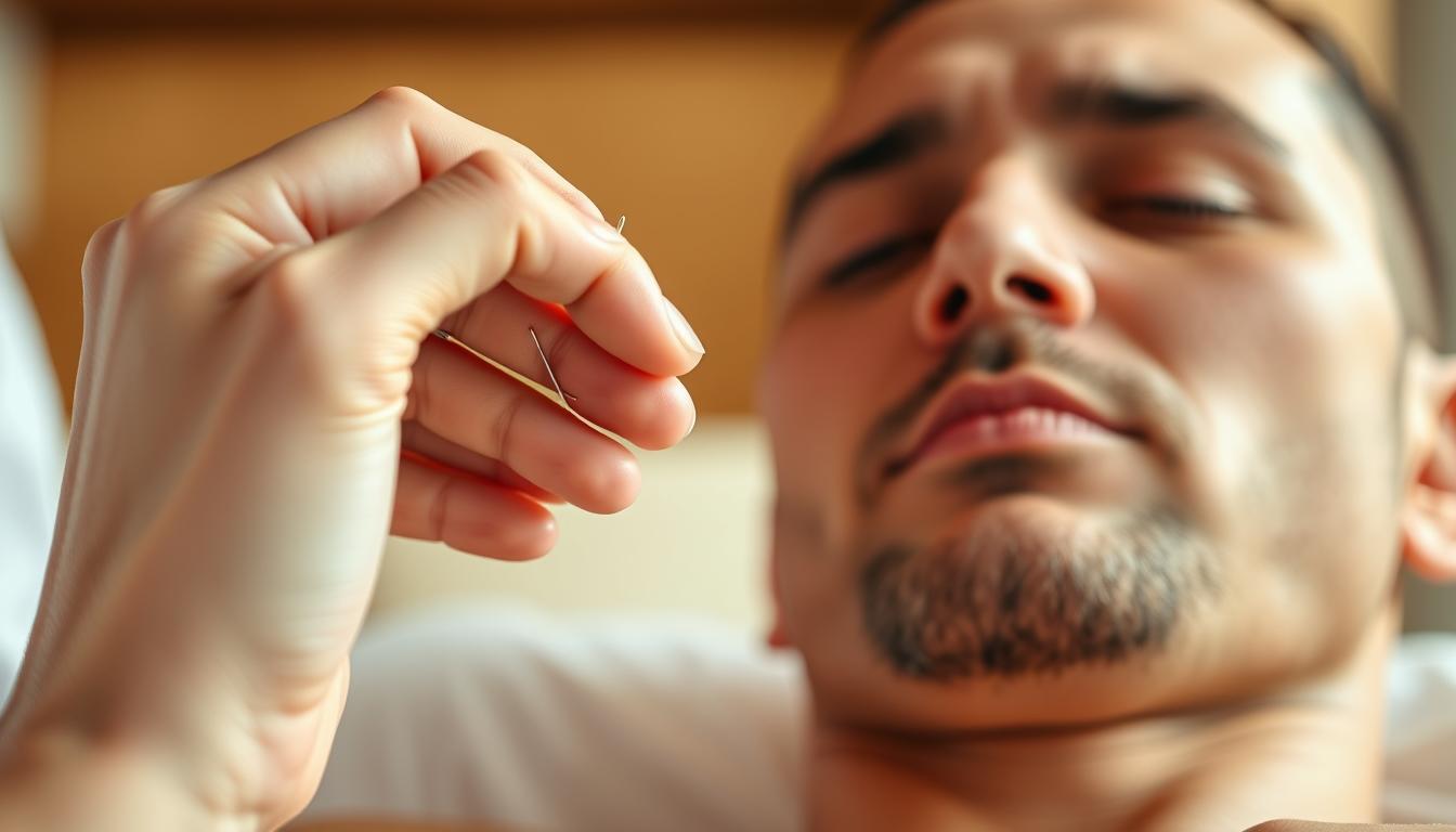 A close-up view of an acupuncture session, showcasing the intricate process in detail. In the foreground, a skilled practitioner's hand gently inserts a thin, sterile needle into a specific acupuncture point on the patient's skin, with a focused, calm expression. The middle ground features the patient's relaxed, serene face, eyes closed, conveying the therapeutic effects of the treatment. The background is softly blurred, creating a sense of tranquility and focus on the essential elements of the acupuncture process. The lighting is warm and natural, casting a soothing glow on the scene. The overall mood is one of precision, care, and the holistic approach of traditional Chinese medicine.