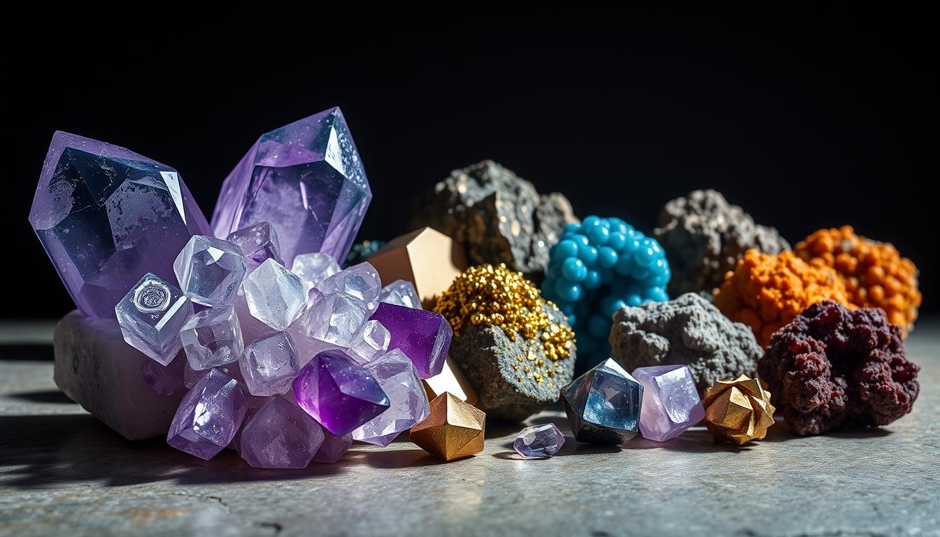 A visually striking still-life composition depicting an assortment of diverse mineral specimens. In the foreground, a cluster of shimmering quartz crystals in various shades of clear and amethyst purple, casting soft shadows on the smooth, natural stone surface below. In the middle ground, a selection of other mineral types including glistening pyrite cubes, brilliant blue azurite nodules, and earthy, ochre-colored hematite formations. The background is dimly lit, with a moody, atmospheric lighting that casts dramatic shadows and highlights the textural details of the minerals. The overall scene has a sense of elegance and scientific curiosity, inviting the viewer to closely examine the intricate beauty and variety of these fundamental building blocks of our planet.