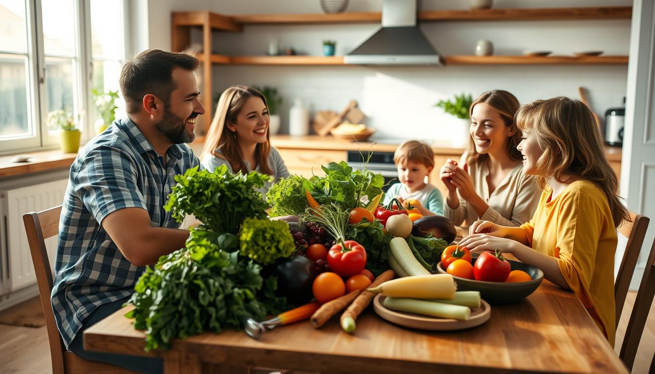 A family seated around a wooden table, enjoying a bountiful spread of organic produce. Vibrant vegetables, lush greens, and ripe fruits create a visually appealing centerpiece, illuminated by soft, natural lighting filtering through a large window. The parents and children engage in lively conversation, their faces exuding a sense of contentment and well-being. The kitchen in the background is clean and tidy, reflecting the family's commitment to a healthy, sustainable lifestyle. The overall scene conveys a warm, inviting atmosphere, where the importance of organic, nutritious food for the family's well-being is celebrated.