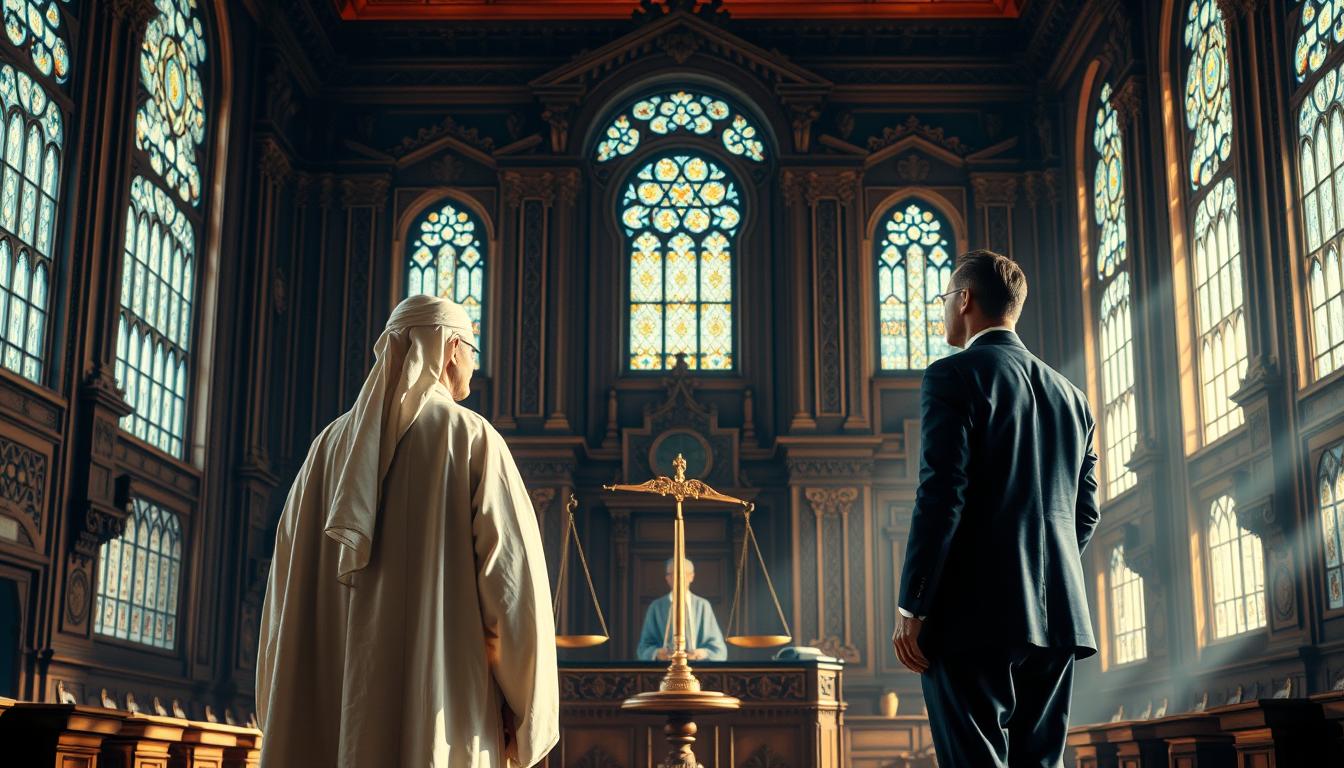 A grand courtroom scene, bathed in warm natural light from tall windows. In the foreground, two figures - one in traditional Islamic robes, the other in Western business attire - stand before a solemn, impartial judge. The background is a rich tapestry of intricate carvings and stained-glass, symbolizing the shared heritage of justice. Soft shadows and muted colors evoke a sense of thoughtful contemplation, as the scales of justice hang in delicate balance, reflecting the pursuit of social equity within differing legal systems.