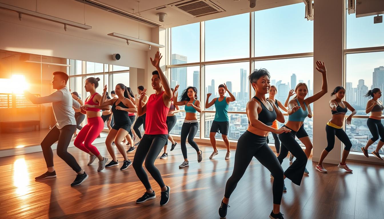 A bright, sun-drenched aerobics studio in the heart of Jakarta, with a lively group of people engaging in a high-energy workout session. The foreground features a diverse group of men and women, dressed in colorful activewear, moving in sync to the pulsing music. The middle ground showcases the modern, well-equipped studio, with sleek mirrors, hardwood floors, and state-of-the-art equipment. The background captures the vibrant cityscape of Jakarta, with skyscrapers and bustling streets visible through the large windows. The lighting is natural and warm, creating a sense of energy and positivity. The overall atmosphere conveys the popularity and dynamism of Jakarta's thriving aerobics community.