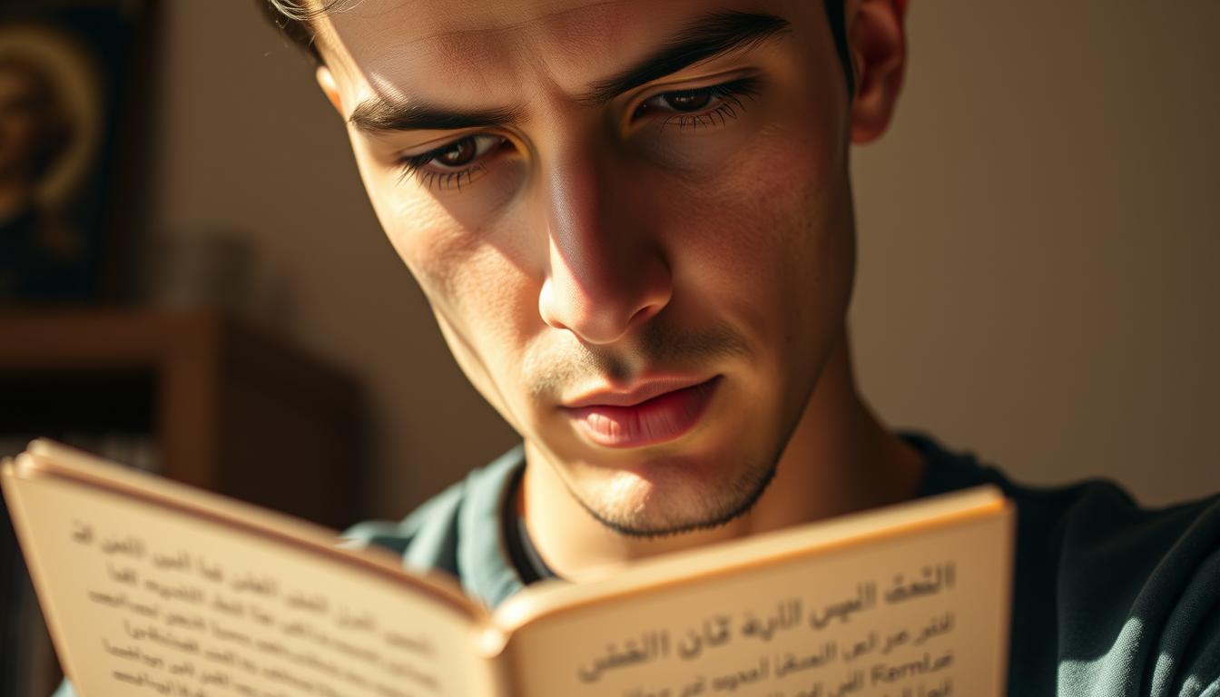 A focused close-up of a person's face and upper body, intently practicing Arabic vocabulary with a serious, focused expression. The lighting is warm and slightly directional, casting subtle shadows and highlights to create depth and dimension. The background is slightly blurred, suggesting a simple, uncluttered setting that keeps the viewer's attention on the subject. The image conveys a sense of dedication, diligence, and immersion in the process of language learning.