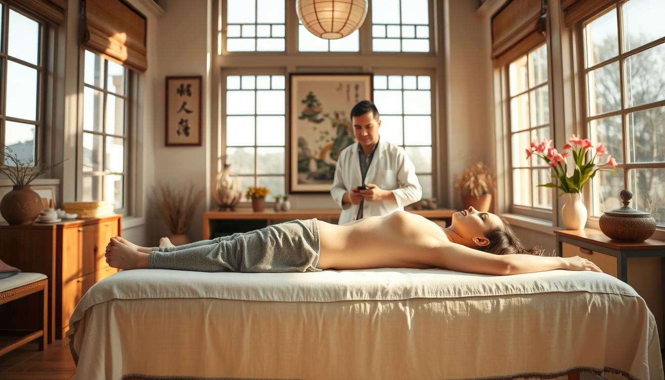 A serene acupuncture clinic, bathed in warm natural light from large windows. In the foreground, a patient lies peacefully on a treatment table, needles gently inserted at strategic points along their body. The middle ground depicts an acupuncturist, their face calm and focused, carefully monitoring the procedure. The background showcases traditional Chinese art and soothing decor, conveying a sense of holistic wellness. The scene exudes a tranquil atmosphere, hinting at the potential side effects of acupuncture - reduced stress, improved circulation, and overall bodily harmony.