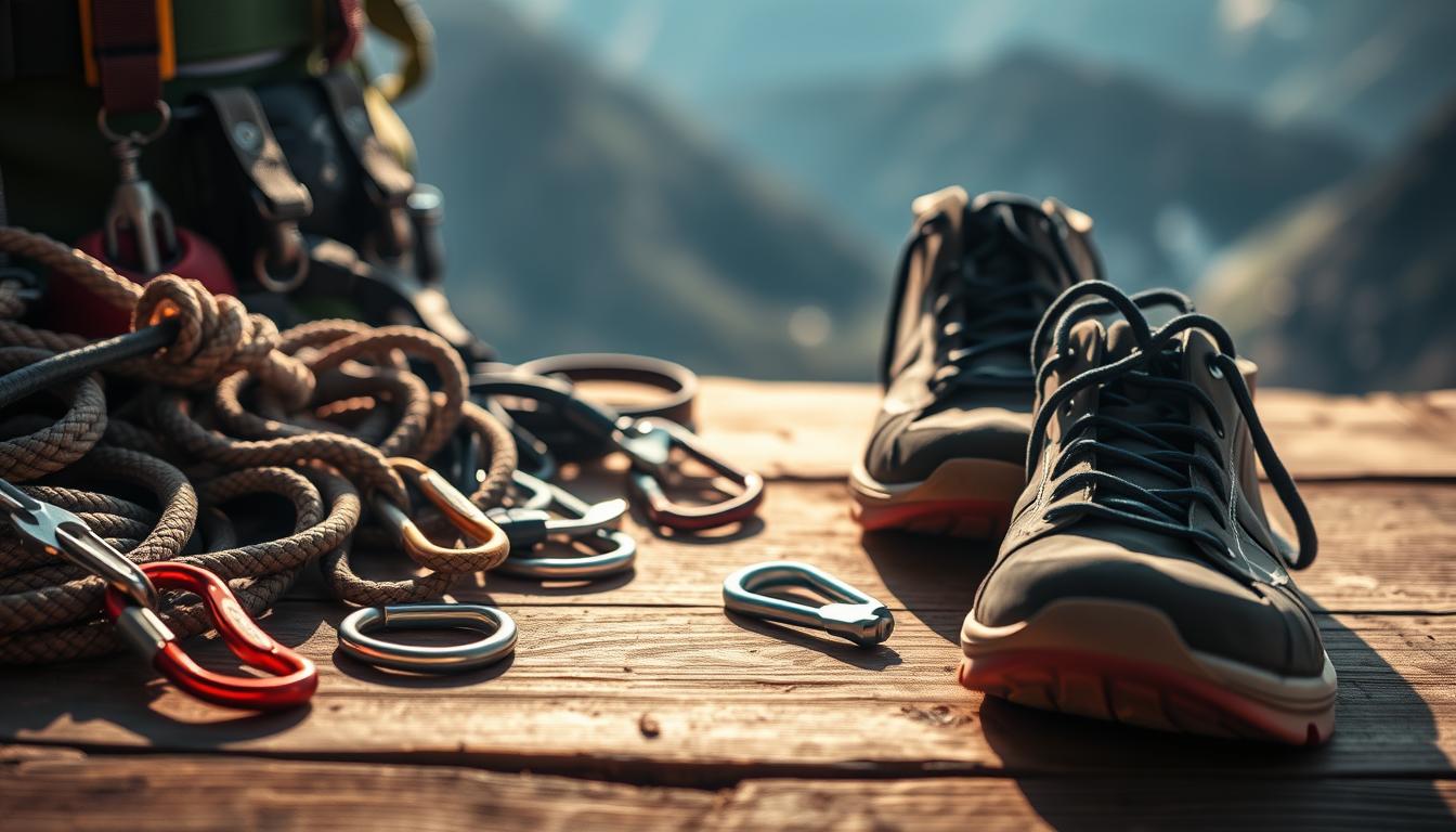 A detailed closeup of rock climbing gear and equipment neatly arranged on a wooden surface, with carabiners, ropes, harnesses, and climbing shoes meticulously displayed. The scene is illuminated by warm, natural lighting, creating a sense of focus and anticipation. In the background, a blurred mountainous landscape suggests the breathtaking outdoor setting for the upcoming climbing adventure. The composition conveys a feeling of preparation, attention to detail, and the excitement of embarking on a challenging, yet rewarding journey.