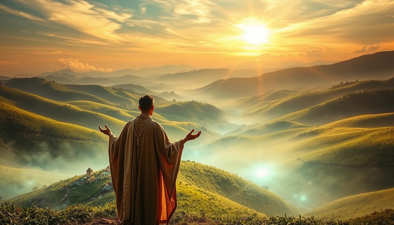 A lush, verdant landscape with rolling hills and a shimmering aura that emanates from the ground. In the foreground, a figure garbed in ethereal robes, hands outstretched, harnessing the energy of the aura. The middle ground reveals a small village nestled among the hills, its inhabitants captivated by the mesmerizing display. The background showcases a vast, open sky with wispy clouds, bathed in a soft, golden light that casts a warm glow over the entire scene. The image conveys a sense of wonder, spiritual connection, and the allure of this unique form of &quot;aura farming&quot; that captivates millions of viewers.
