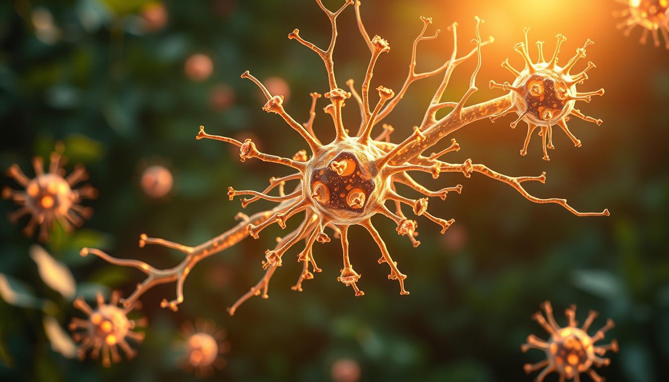 A close-up of a strong, healthy human immune system, depicted as a vibrant network of glowing cells, receptors, and pathways against a serene, lush natural backdrop. Soft, warm lighting illuminates the intricate, dynamic process of immune function, conveying a sense of vitality and resilience. The scene exudes a calming, rejuvenating atmosphere, reflecting the benefits of embracing natural sunlight and its role in boosting the body's defenses.