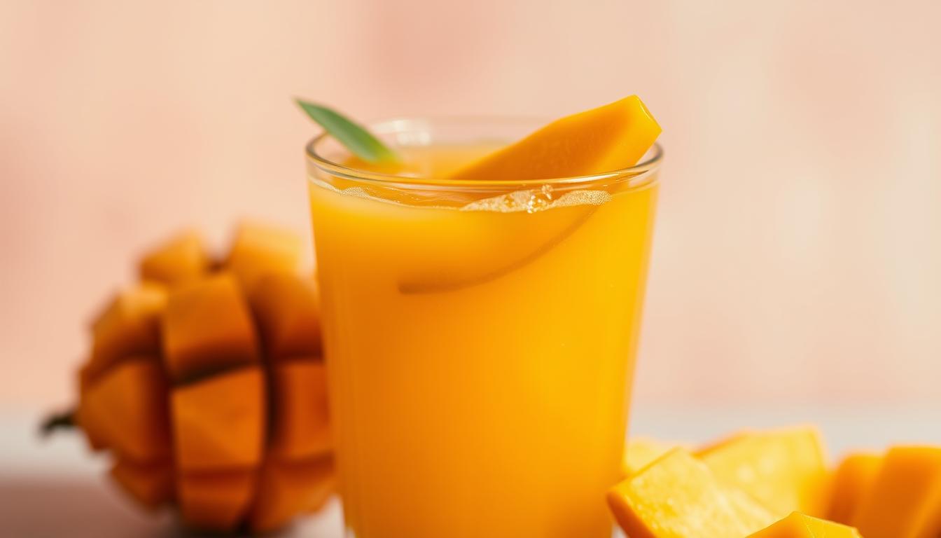 A vibrant glass filled with a luscious, golden-hued mango juice. The liquid shimmers under the warm, soft lighting, casting a gentle glow across the transparent vessel. Ripe mango slices float delicately on the surface, their rich, tropical aroma wafting through the air. The glass is set against a blurred, pastel-colored background, creating a serene, refreshing atmosphere. The composition emphasizes the refreshing, nutrient-dense nature of the mango-based beverage, perfectly capturing the essence of a healthy, delightful fruit juice.