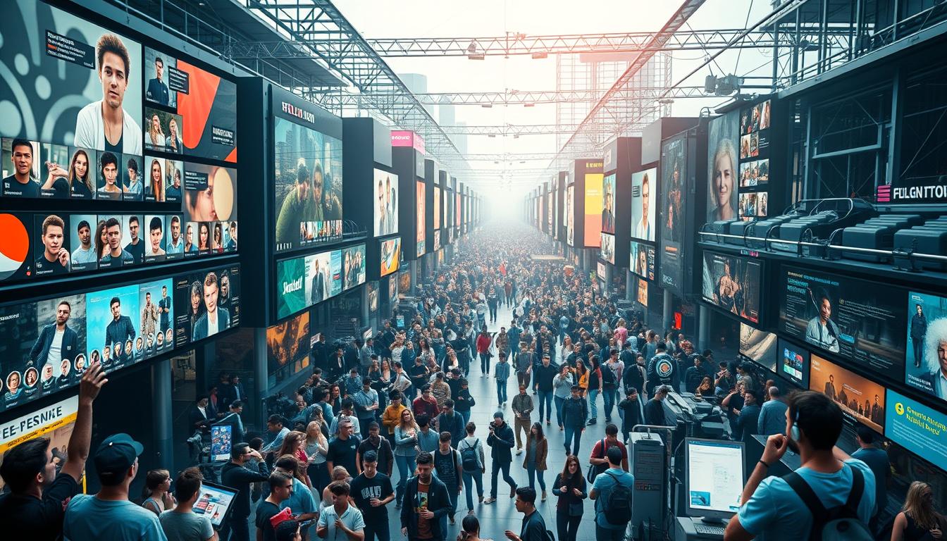 A bustling online landscape, a digital town square where young voices converge, fans passionately debate, and opinions polarize. Vibrant social media feeds cascade across a sleek, ultramodern interface, replete with dynamic icons, bold typography, and seamless user interactions. In the foreground, a diverse array of avatars, profiles, and live video streams capture the ever-evolving pulse of this virtual realm. The middle ground showcases a spirited exchange of messages, comments, and shared content, reflecting the zeitgeist of the connected generation. The backdrop reveals a pulsing network of digital infrastructure, data visualizations, and algorithmic patterns that shape and curate this sprawling digital ecosystem. Soft, diffused lighting casts a contemplative glow, evoking the complex interplay of social influence, community, and individuality in the modern media landscape.