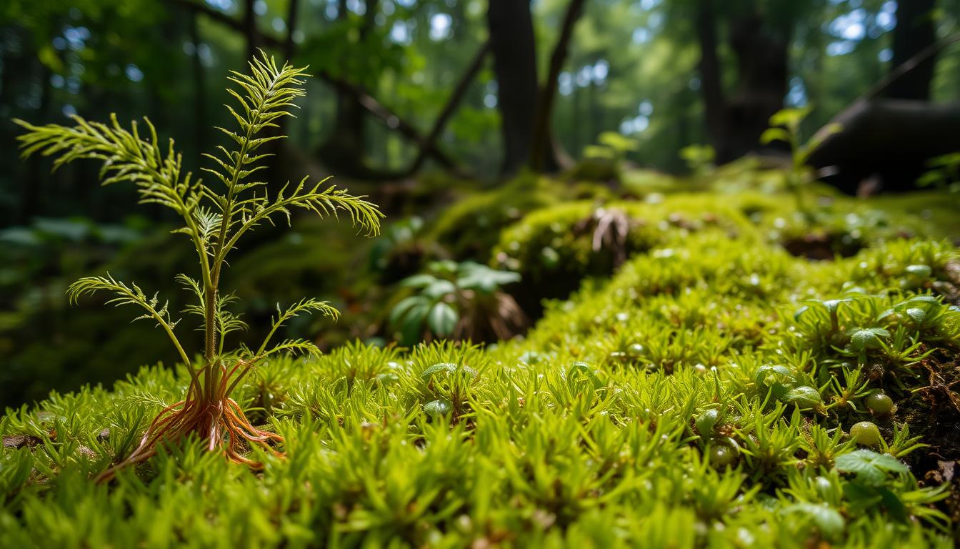 A lush, moss-covered forest floor, with sunlight filtering through the verdant canopy above. In the foreground, delicate fronds of a bryophyte plant sway gently, their stems serving as the biological backbone, providing structure and support. The middle ground reveals the intricate network of rhizoids anchoring the moss to the soil, drawing in water and nutrients. In the background, a diverse array of other bryophytes thrive, showcasing the vital role these primitive plants play in the ecosystem, from nutrient cycling to habitat provision. The scene is captured with a soft, natural lighting that emphasizes the delicate, almost ethereal quality of the moss. A wide-angle lens captures the depth and scale of this miniature world.