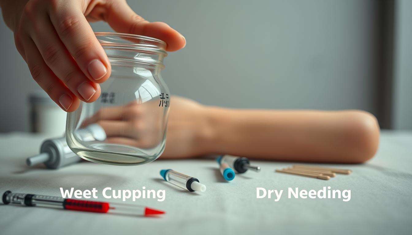 A close-up comparison of traditional cupping therapy (bekam) and other circulatory treatments. In the foreground, a hand holding a glass cupping jar is positioned alongside medical instruments like syringes and acupuncture needles. The middle ground showcases the contrasting techniques - wet cupping with blood extraction versus dry needling. The background features a soothing, muted color palette suggestive of a wellness clinic. Soft, directional lighting highlights the various tools and draws the viewer's attention to the key differences between these therapeutic modalities. The overall atmosphere conveys a sense of informed decision-making regarding circulatory health.