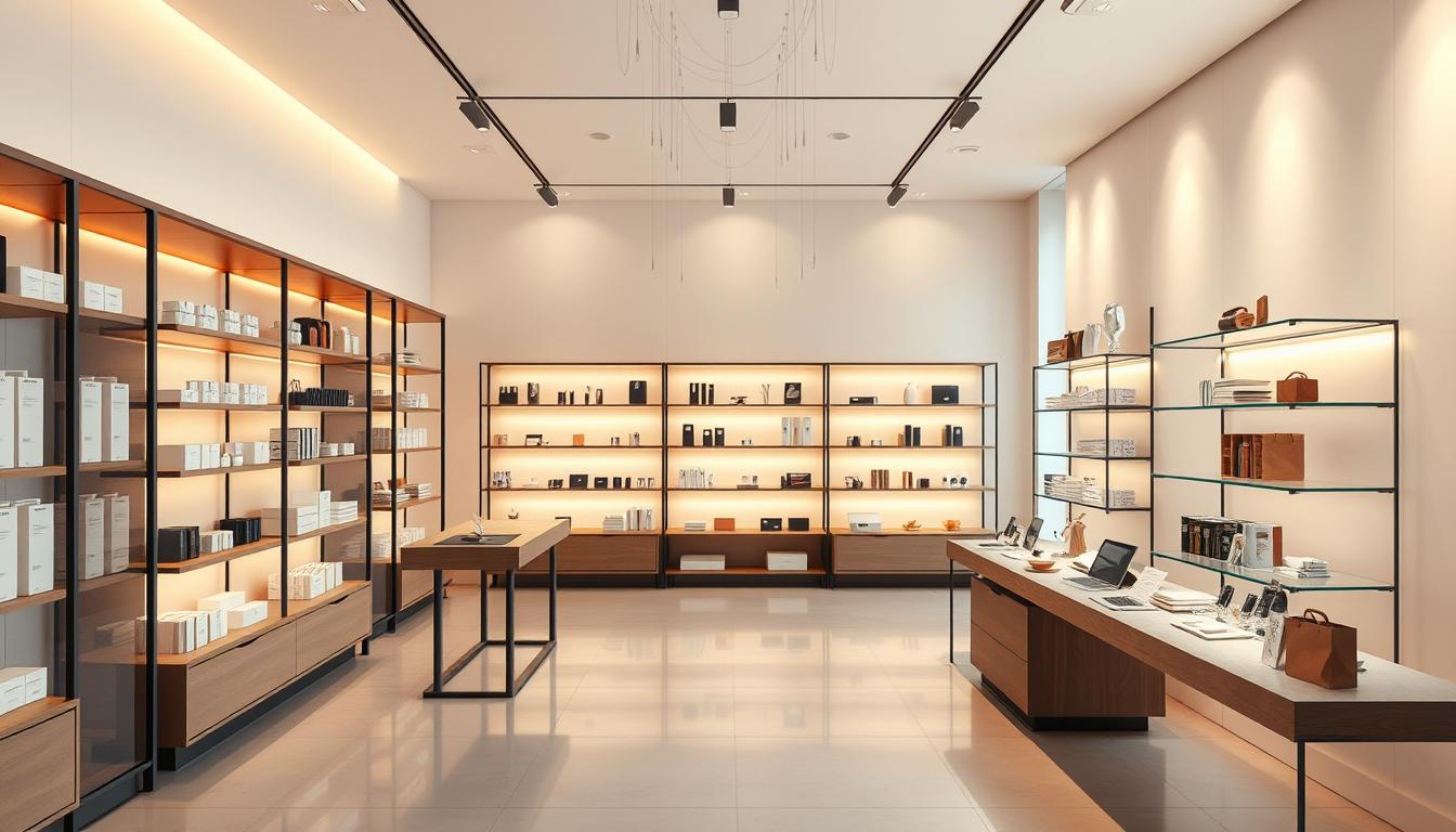 A well-lit online store interior, with modern minimalist shelving and displays showcasing a variety of high-quality products. Warm, inviting lighting casts a soft glow across the space, creating a sense of professionalism and trustworthiness. The layout is clean and organized, with thoughtful product placement and highlighting of key items. In the background, a simple but elegant backdrop, perhaps a solid color or subtle textured wall, providing a serene and distraction-free environment. The overall atmosphere exudes a sense of reliability, quality, and attention to detail - characteristics that would inspire confidence in potential customers browsing the virtual storefront.