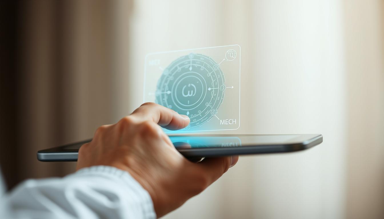 A close-up view of a hand using a tablet device, with a holographic display showing a diagram or visualization of the "Mubasyarah" method. The background is blurred, creating a sense of depth and focus on the technology. The lighting is soft and diffused, creating a contemplative, educational atmosphere. The hand and tablet are depicted with a high level of detail, showcasing the seamless integration of technology and the "Mubasyarah" concept. The overall composition emphasizes the role of technology in facilitating and enhancing the understanding of this traditional method.