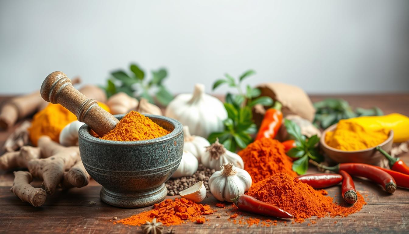 A delectable array of aromatic spices and herbs, including turmeric, ginger, garlic, and chili peppers, arranged on a rustic wooden table. The warm, earthy tones are bathed in soft, natural lighting, casting gentle shadows and highlighting the vibrant colors of the ingredients. In the foreground, a mortar and pestle stand ready to grind the spices into a flavorful paste, hinting at the nutritious and immune-boosting potential of this homemade spice blend. The background features a clean, minimalist setting, allowing the spices to take center stage and evoke a sense of wholesome, nourishing culinary traditions.