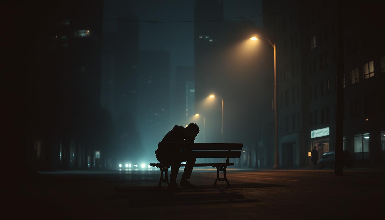 A dimly lit city street, shrouded in a hazy, melancholic atmosphere. In the foreground, a solitary figure sits hunched on a park bench, their head in their hands, radiating a sense of profound mental anguish. The background is a blur of towering buildings, their windows like empty, soulless eyes. The lighting is somber, casting long shadows that seem to weigh heavily on the scene. A sense of isolation and disconnection permeates the image, reflecting the complexities and challenges of modern mental health struggles.