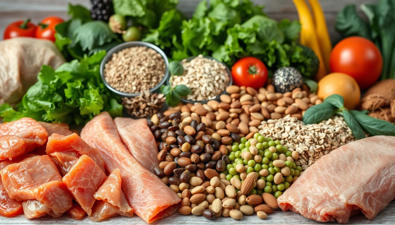 A neatly arranged still life showcasing an assortment of both animal-based and plant-based protein sources. In the foreground, juicy cuts of chicken, salmon, and beef are displayed alongside hearty legumes such as lentils, chickpeas, and soybeans. In the middle ground, a selection of nuts, seeds, and whole grains including quinoa, oats, and almonds are carefully positioned. The background features vibrant, leafy greens and colorful vegetables, creating a balanced, nutritious tableau. The lighting is soft and natural, accentuating the textures and colors of the diverse protein-rich ingredients. The overall composition conveys a sense of health, abundance, and culinary versatility.