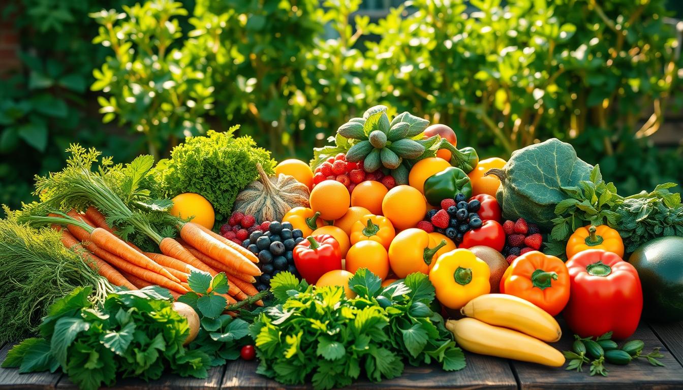 A bountiful display of fresh, vibrant fruits and vegetables arranged on a rustic wooden table, bathed in warm, natural lighting. In the foreground, a selection of leafy greens, vibrant carrots, and crisp bell peppers. In the middle ground, clusters of juicy berries, citrus fruits, and hearty roots. The background features a lush, verdant garden setting, with hints of earthy tones and a sense of abundance. The scene conveys a feeling of nourishment, vitality, and the essence of natural sources of essential vitamins and minerals.
