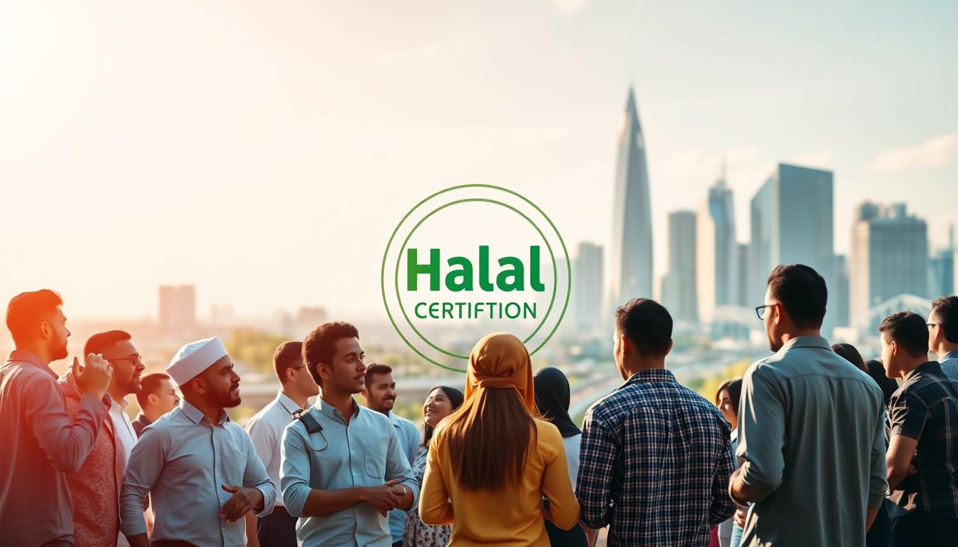 A vibrant, dynamic scene depicting the concept of &quot;Halal Economics Strategy&quot;. In the foreground, a group of diverse individuals, from various backgrounds, engaged in animated discussions, representing the diverse participants in the halal economy. In the middle ground, a stylized halal certification mark or logo, symbolizing the importance of quality assurance and compliance. In the background, a cityscape with modern skyscrapers and infrastructure, signifying the growth and integration of the halal economy within the global marketplace. The lighting is warm and inviting, creating a sense of optimism and opportunity. The composition is balanced, with a focus on the collaborative nature of the halal economic strategy.