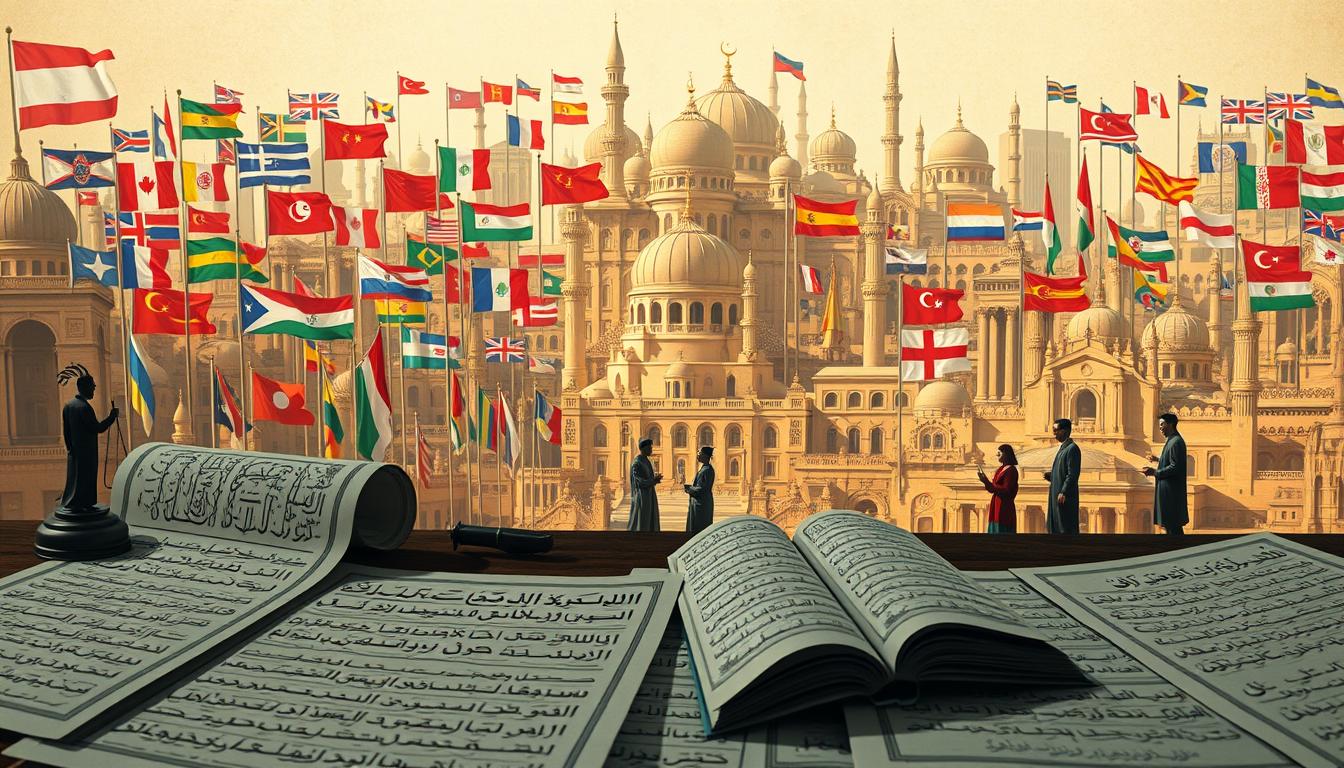 A comparative illustration of Jarimah Ta'zir laws across various nations, captured with a wide-angle lens from an elevated perspective. In the foreground, intricate legal documents and symbols representing different judicial systems. The middle ground depicts stylized figures in traditional garments, engaged in animated discussions. In the background, a mosaic of national flags and architectural landmarks, creating a sense of cultural diversity. Warm, earthy tones and soft, diffused lighting convey an atmosphere of scholarly contemplation and intellectual exchange.
