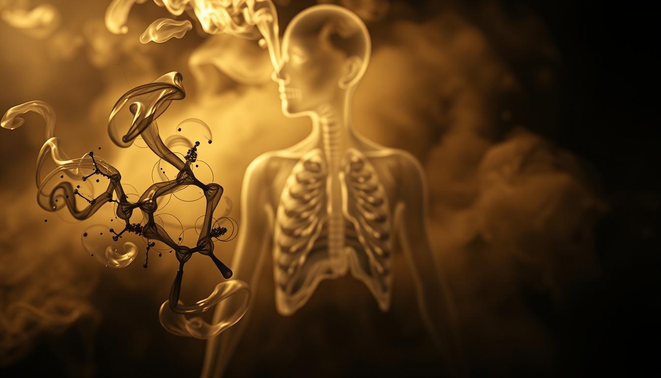 A detailed cross-section of the hazardous compounds found in cigarette smoke, presented against a hazy, ominous backdrop. In the foreground, a spectral, ghostly representation of the invisible toxins - particulate matter, carbon monoxide, and noxious chemicals - swirling and converging. The middle ground features a translucent, anatomical depiction of the respiratory system, highlighting the insidious way these pollutants infiltrate the body. The background is shrouded in a moody, sepia-toned atmosphere, conveying the ominous and pervasive nature of passive smoking. Dramatic, high-contrast lighting casts dramatic shadows, emphasizing the gravity of the subject matter. The overall impression is one of unseen danger, a haunting visual metaphor for the hazards of secondhand smoke.