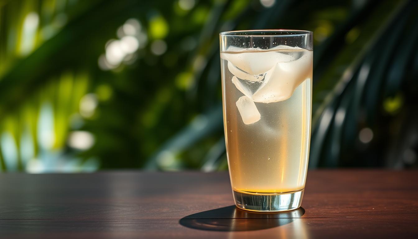 A crystalline glass filled with the translucent, gently swirling nectar of a freshly cracked coconut, bathed in warm, diffused lighting that highlights its natural luminosity. The glass rests atop a dark, smooth wooden surface, casting a soft, reflective shadow. In the background, a blurred, lush tropical foliage sets the scene, evoking a sense of tranquility and vitality. The composition emphasizes the purity, hydration, and nutritional richness of this revitalizing elixir, capturing the essence of the "Nutrisi yang Terdapat dalam Air Kelapa" section.