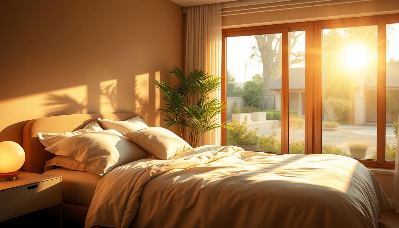 A serene bedroom bathed in warm, golden morning light. A comfortable bed takes center stage, its crisp, white linens and fluffy pillows inviting a restful slumber. Soft, ambient lighting emanates from a minimalist nightstand, casting a peaceful glow. The walls are adorned with soothing, earthy tones, creating a calming atmosphere. A lush, potted plant in the corner adds a touch of natural vitality, while large windows overlooking a tranquil garden scene let in the rejuvenating rays of the rising sun. This tranquil, harmonious setting perfectly encapsulates the restorative power of quality sleep, a key component of the physical benefits of waking up early.